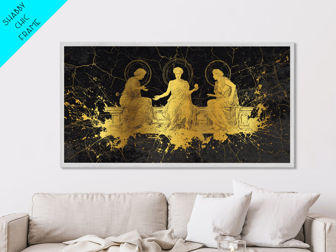 Metallic Gold Greek Goddesses Seated in Elegant Marble Scene, Wood Framed Map Wall Décor for Classical Art and Mythology Lovers