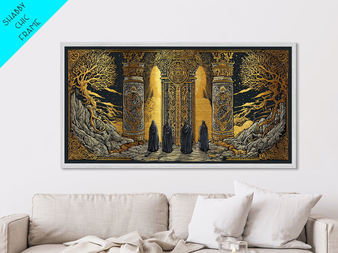 Metallic Gold Fantasy Portal Artwork, Glowing Pillars and Trees, Wood Framed Map Wall Décor for Magical and Epic Settings