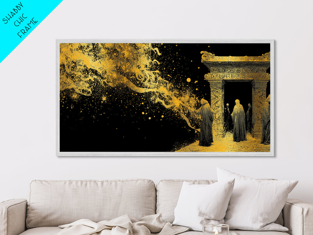 Metallic Gold Ancient Gate Scene, Robed Figures and Ornate Carvings, Wood Framed Map Wall Art for Mystery and Fantasy Lovers