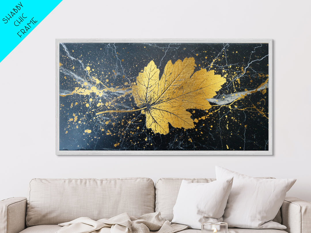 Golden Maple Leaf On Black, Metallic Gold Art, Real Wood Frame, Splatter Style, Nature Wall Decor, Leaf Print