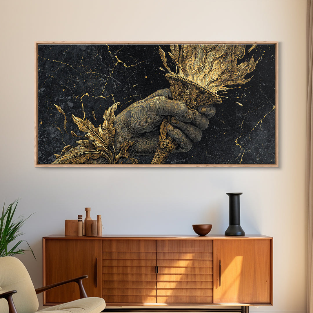 Gold Torch of Triumph Print, Detailed Hand and Flame, Wood Framed Map Wall Décor for Victory and Inspiration Themes
