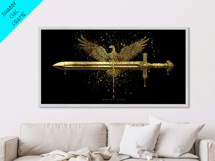 Metallic Gold Eagle and Sword Artwork, Splatter Effect Style, Wood Framed Map Wall Art for Power and Freedom Symbolism