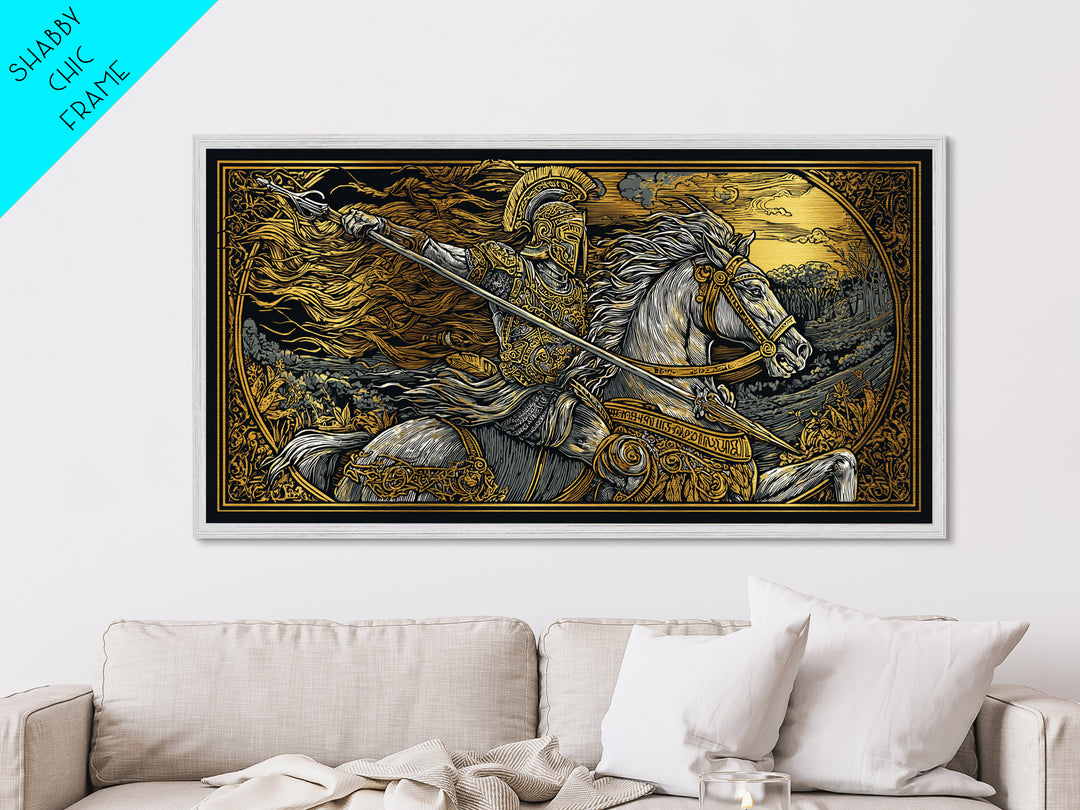 Metallic Gold Metal Print Spartan Warrior on Horseback, Flowing Mane and Spear, Wood Framed Map Wall Art, Ancient Battle,  History Lovers