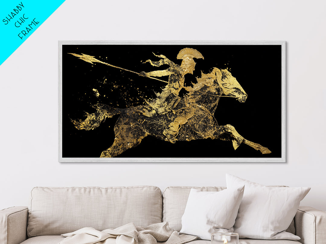 Metallic Gold Art Spartan Rider Silhouette, Splatter Effect Spear Charge, Wood Framed Map Wall Décor, Historical and Warrior-Themed Spaces