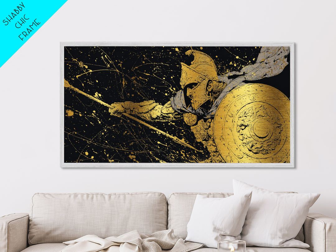 Metallic Gold Metal Print Spartan Soldier with Shield and Spear, Splatter Background, Wood Framed Map Wall Art for Ancient Greece Enthusiasts