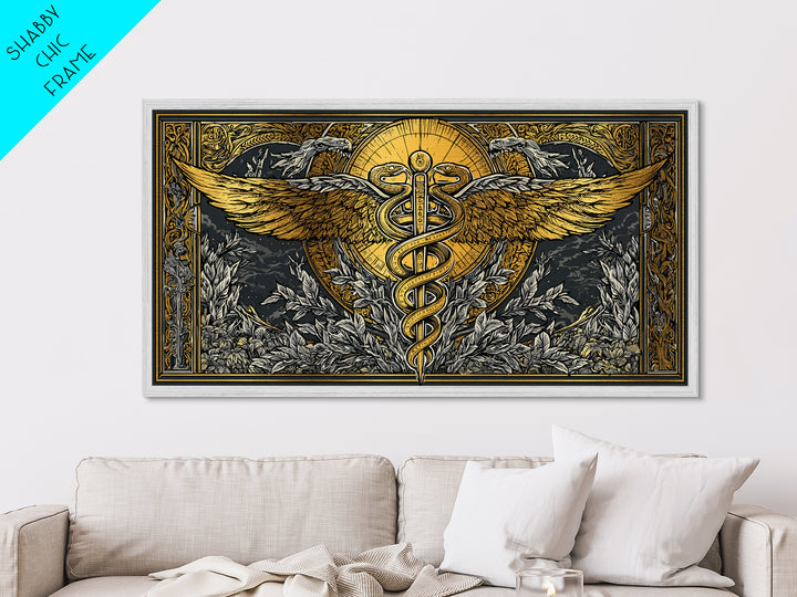 Metallic Gold Art Caduceus Symbol with Wings and Serpents, Ornate Frame, Wood Framed Map Wall Décor for Medical and Healing Symbolism Fans