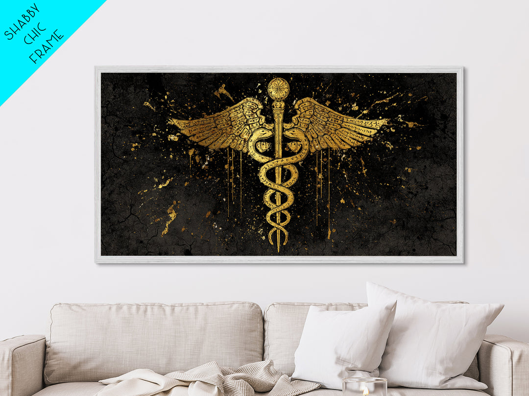 Metallic Gold Metal Print Caduceus Splatter Effect Design, Ancient Script Wings, Wood Framed Map Wall Art for Medicine and Healing Iconography