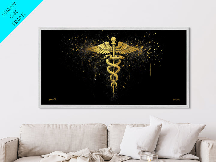 Metallic Gold Art Caduceus Medical Symbol, Splatter Background Art Style, Wood Framed Map Wall Décor for Healthcare, Classical Symbol Lovers