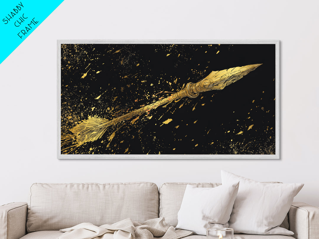 Golden Spear In Flight, Metallic Gold Metal Print, Real Wood Frame, Dynamic Weapon Art, Mythology Inspired Wall Decor