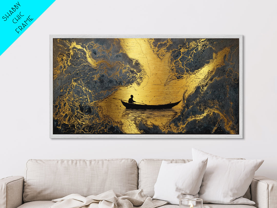 Metallic Gold Art Rowboat Silhouette Over Detailed Map Pattern, Reflective Water, Wood Framed Map Wall Décor, Nautical and Cartographic Fans