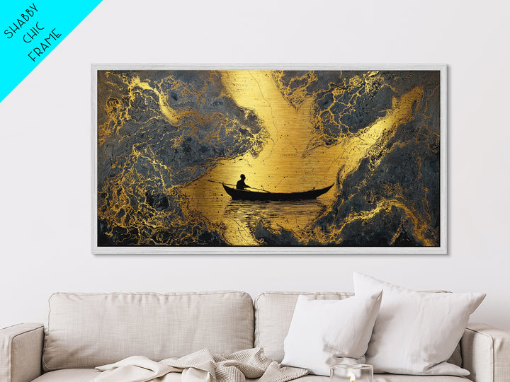 Metallic Gold Art Rowboat Silhouette Over Detailed Map Pattern, Reflective Water, Wood Framed Map Wall Décor, Nautical and Cartographic Fans