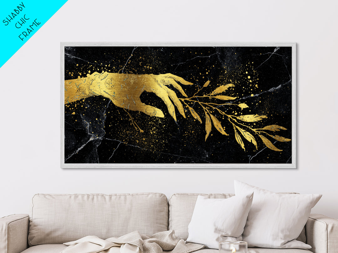 Metallic Gold Metal Print Hand Offering Olive Branch, Splatter Art Marble Texture, Wood Framed Map Wall Art for Peace and Nature Symbolism