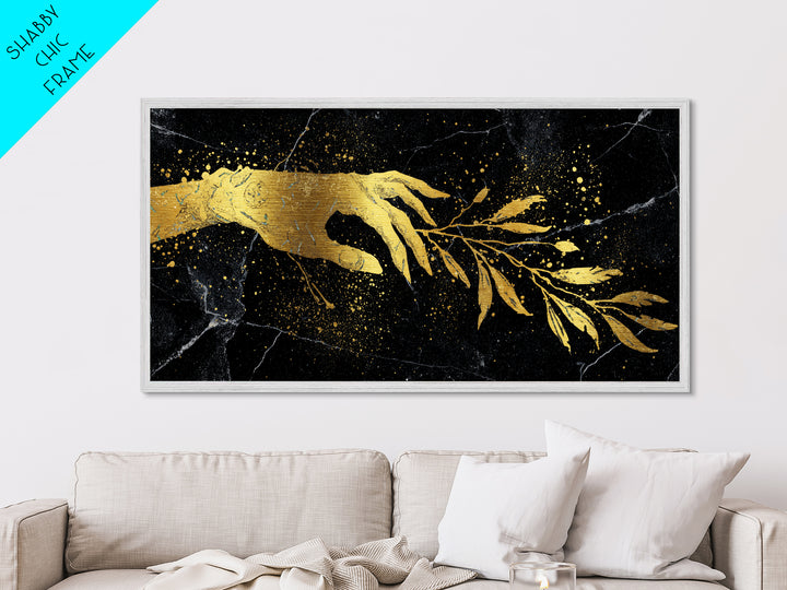 Metallic Gold Metal Print Hand Offering Olive Branch, Splatter Art Marble Texture, Wood Framed Map Wall Art for Peace and Nature Symbolism