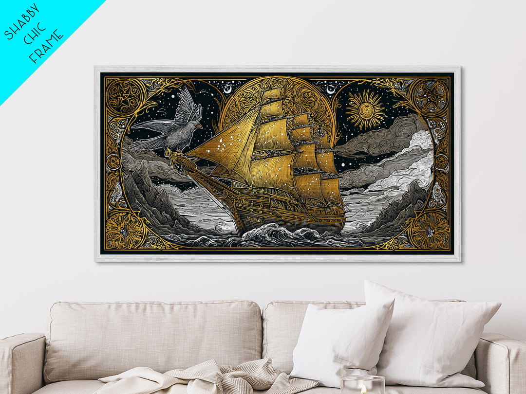 Metallic Gold Art Sailing Ship with Raven Figurehead, Starry Night and Waves, Wood Framed Map Wall Décor, Nautical and Mythic Voyage Lovers