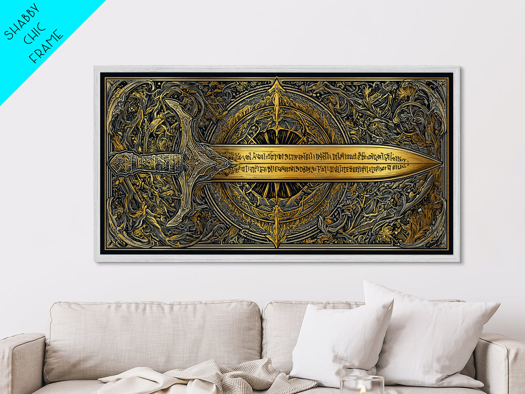 Metallic Gold Metal Print of Ornate Sword and Compass Design, Engraved Blade and Decorative Frame, Wood Framed Map Wall Décor
