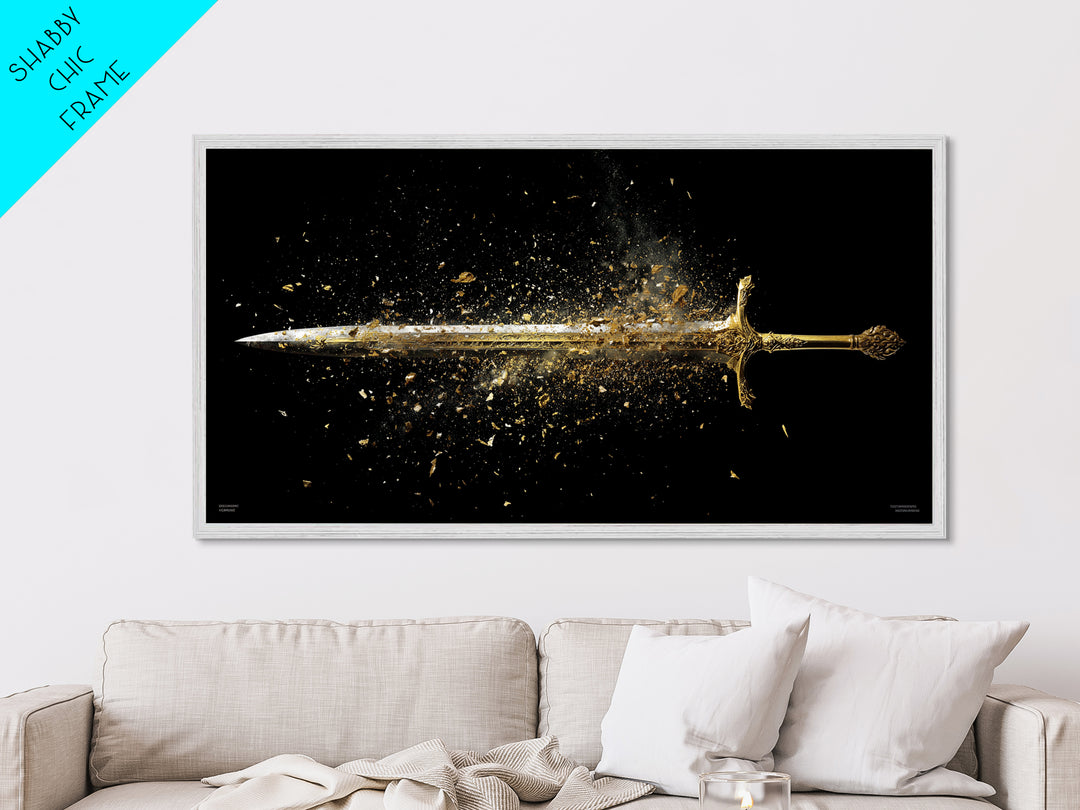 Metallic Gold Art of Shattering Sword in Mid-Air, Detailed Blade Explosion and Dark Background, Wood Framed Map Wall Art Display