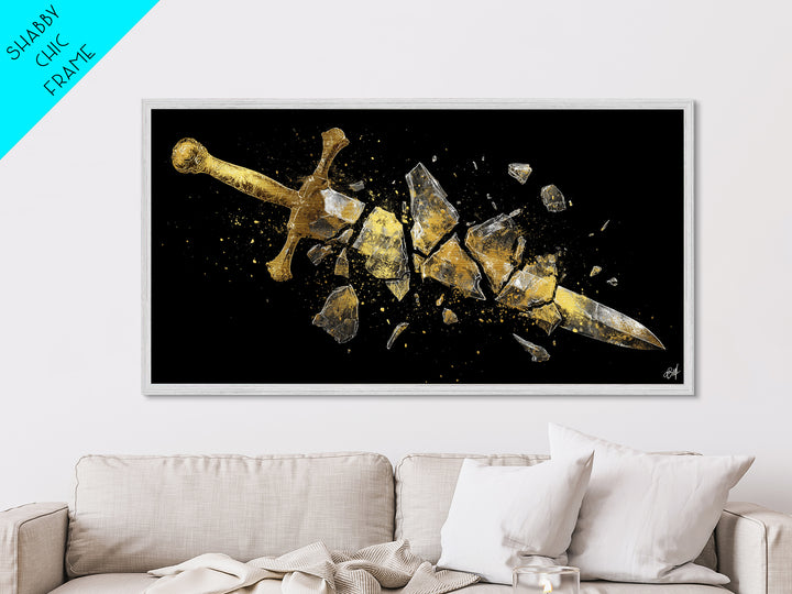 Metallic Gold Metal Print of Broken Sword in Fragments, Detailed Golden Hilt and Blade Shards, Wood Framed Map Wall Décor Accent