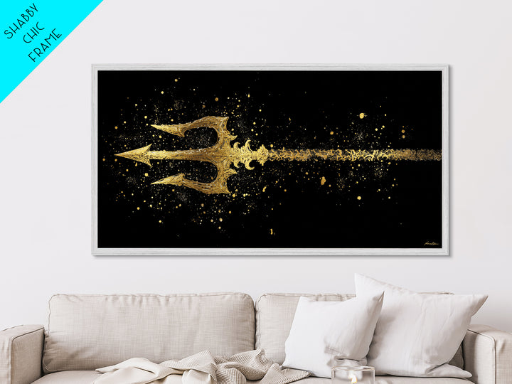 Metallic Gold Art of Decorative Trident in Motion, Splatter Effect on Black Background, Wood Framed Map Wall Art for Nautical Themes