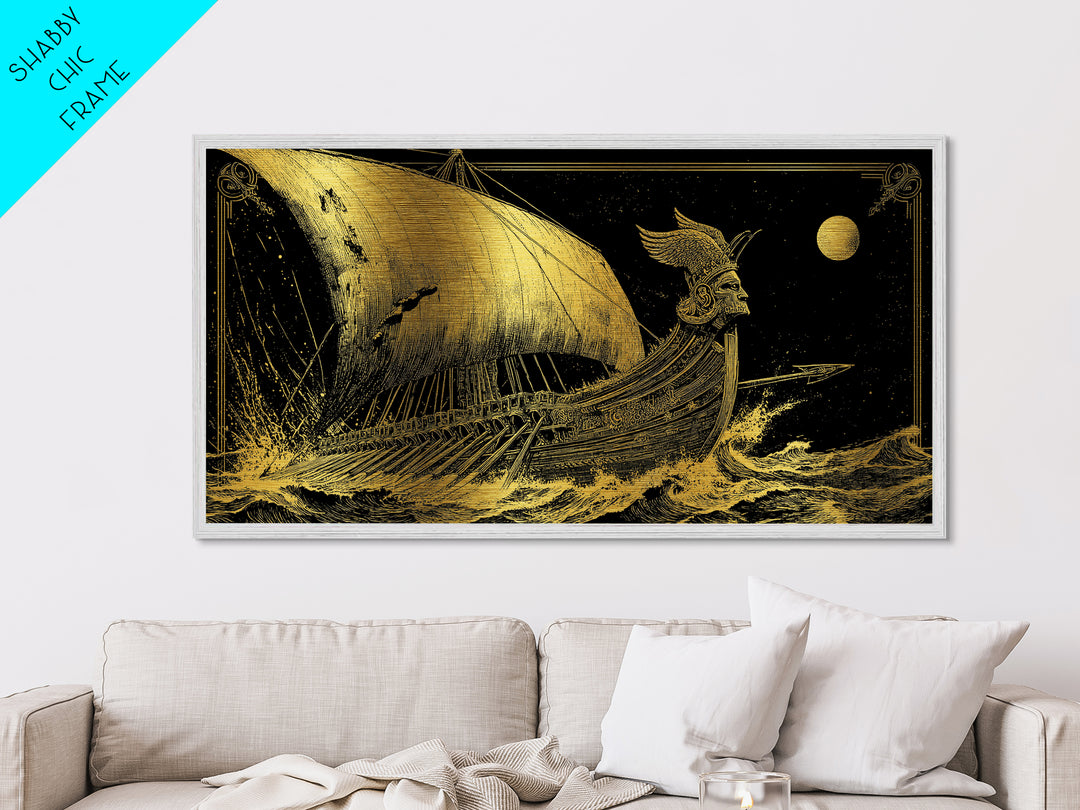 Metallic Gold Metal Print of Ancient Greek Warship at Sea, Detailed Engraving Style and Waves, Wood Framed Map Wall Art for History