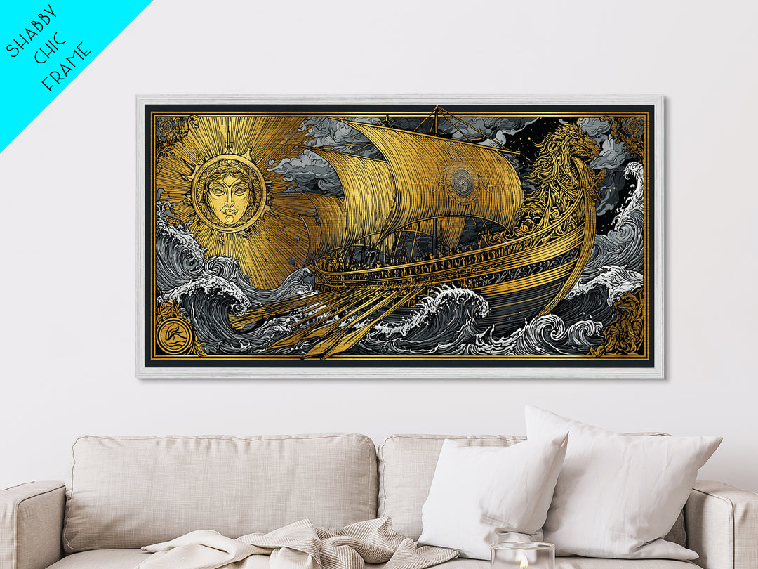 Metallic Gold Art of Sun and Ship Scene, Lion Figurehead and Ocean Waves, Detailed Decorative Style, Wood Framed Map Wall Décor