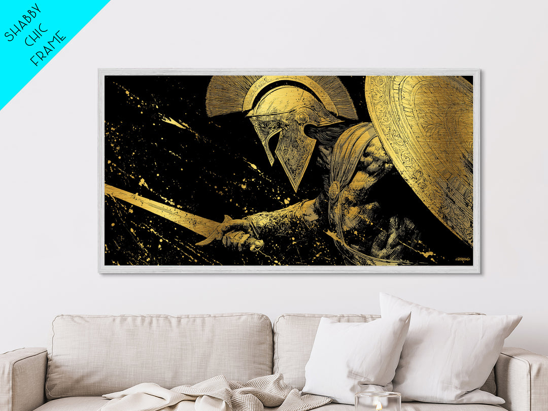 Metallic Gold Metal Print of Spartan Warrior in Battle Pose, Detailed Shield and Sword, Splatter Background, Wood Framed Map Wall Art