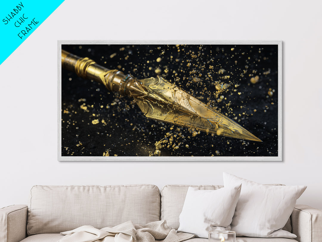Ornate Golden Spearhead, Metallic Gold Art, Real Wood Frame, Close-Up Weapon Detail, Mythology Inspired Wall Decor