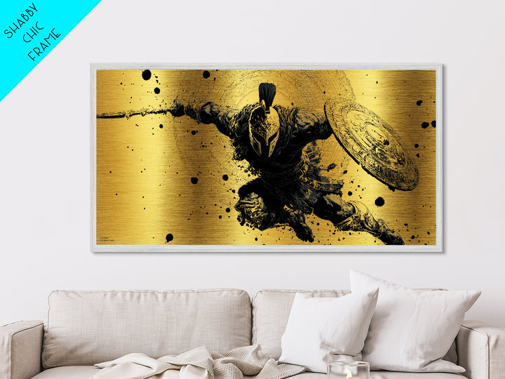 Metallic Gold Art of Spartan Soldier Leaping Forward with Spear and Shield, Decorative Armor and Mandala, Wood Framed Map Wall Décor