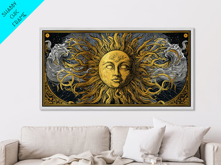 Metallic Gold Metal Print of Sun Face with Flowing Hair and Ocean Waves, Detailed Mythological Design, Wood Framed Map Wall Décor