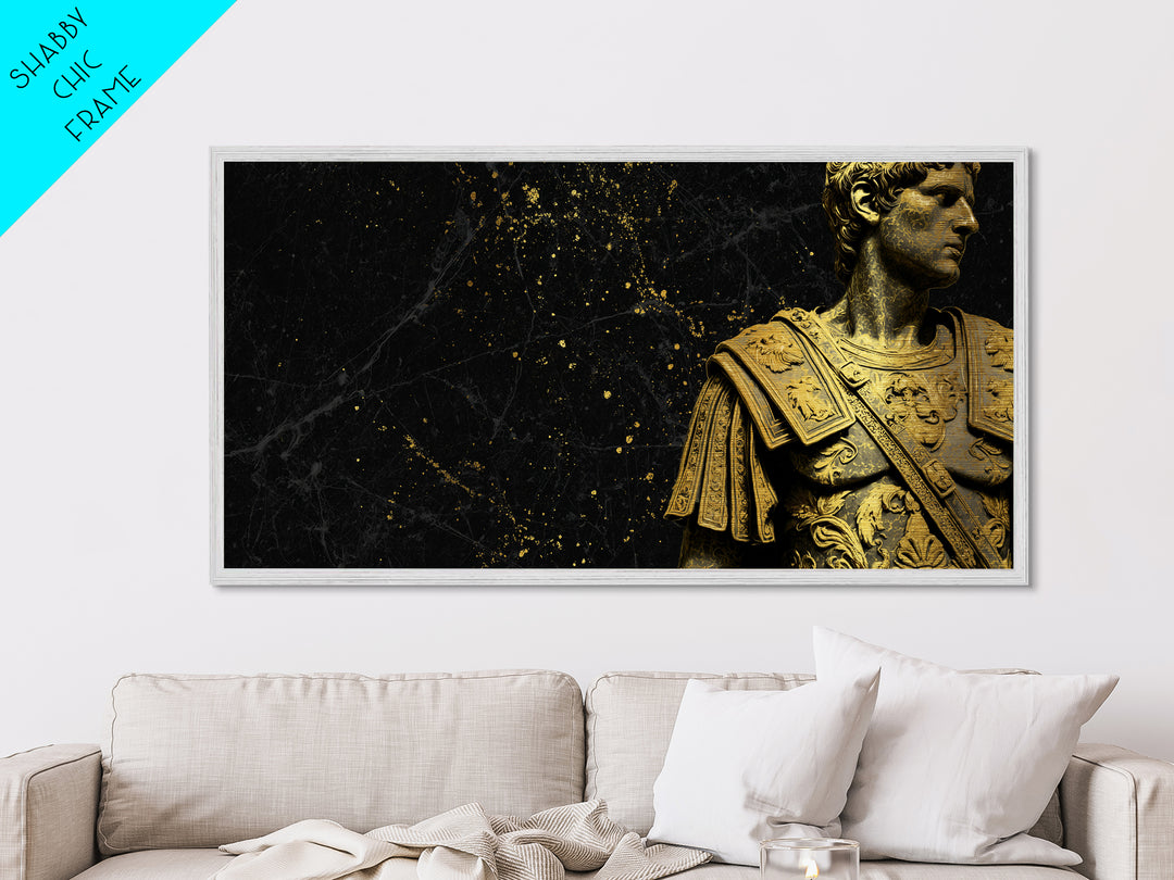 Ancient Roman Emperor Statue Metallic Gold Metal Print, Luxurious Black Marble Background, Classical Warrior Art, Regal Home Decor