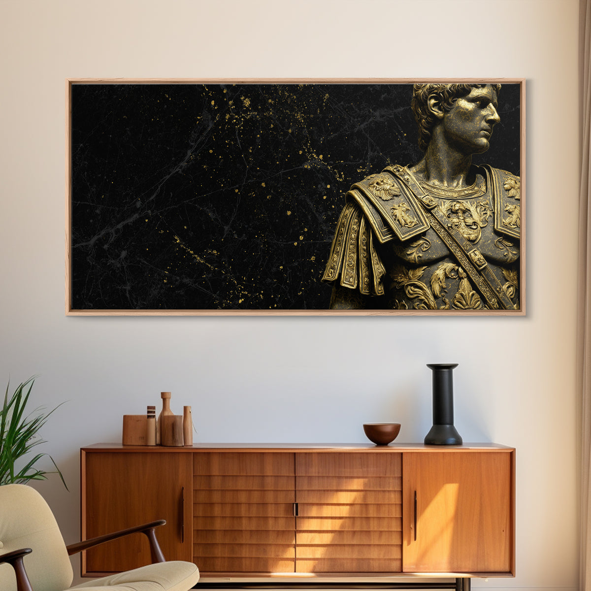 Ancient Roman Emperor Statue Gold Canvas Print, Luxurious Black Marble Background, Classical Warrior Art, Regal Home Decor