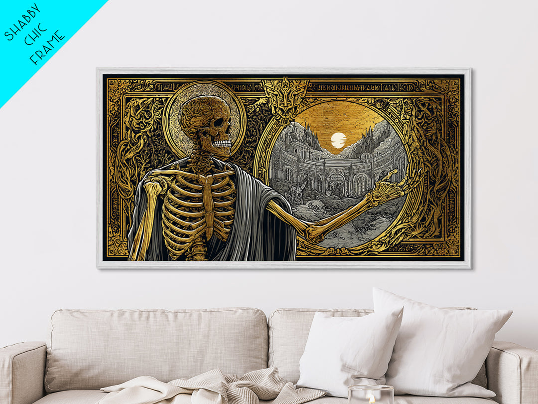 Skeleton Pointing to Ancient Arena Metallic Gold Art, Gothic Medieval Scene, Ornate Frame Design, Dark Fantasy Wall Decor