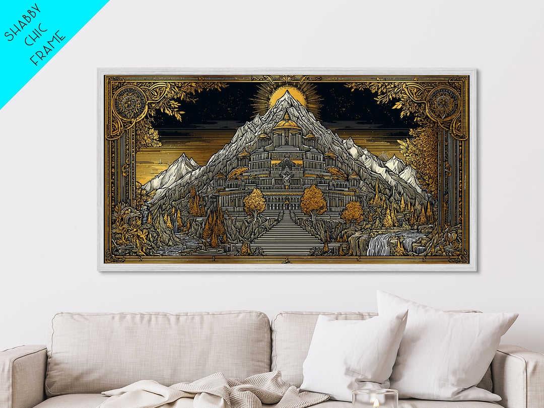 Mythical Mountain Fortress Metallic Gold Art, Grand Palace in Majestic Peaks, Fantasy Landscape Illustration, Epic Home Wall Decor