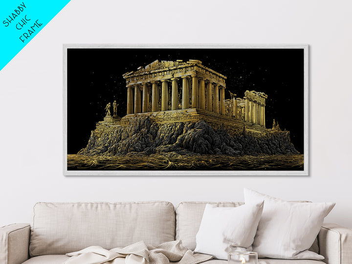 Ancient Greek Temple on Rocky Shore Metallic Gold Metal Print, Classical Architecture Illustration, Historic Landmark Wall Art