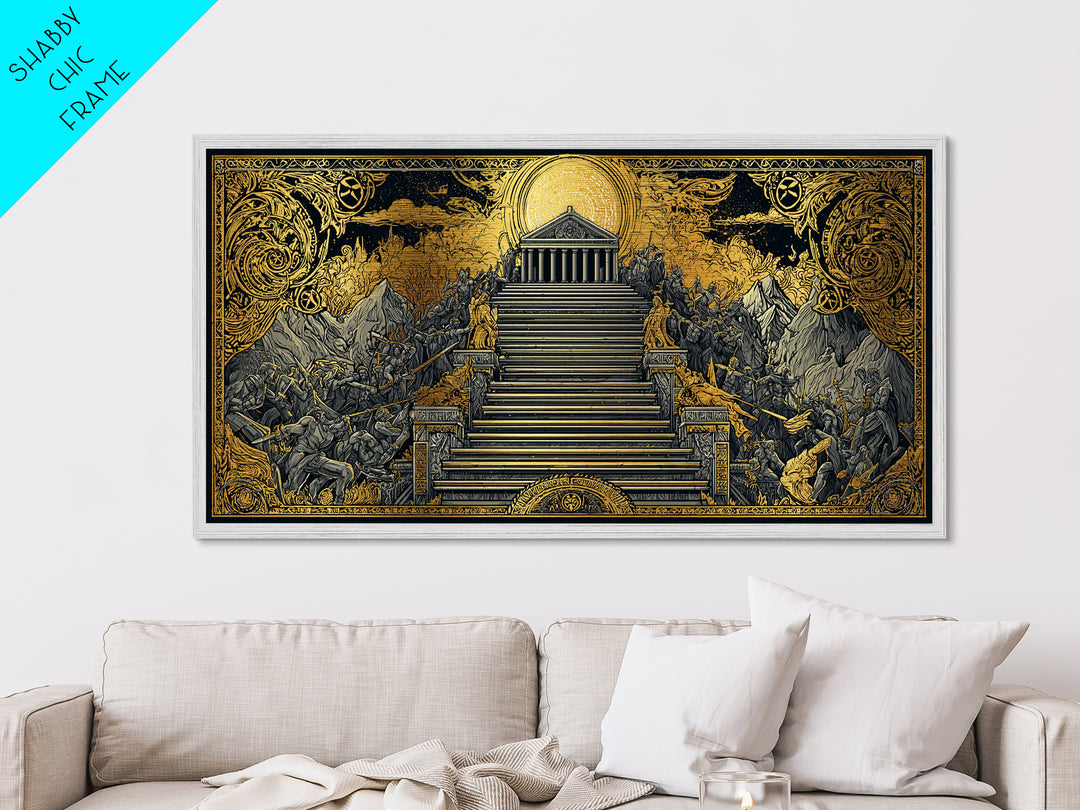 Mythic Battle at Temple Stairs Metallic Gold Art, Epic Fantasy Scene, Heroic Warriors and Gods, Dramatic Home Wall Decor