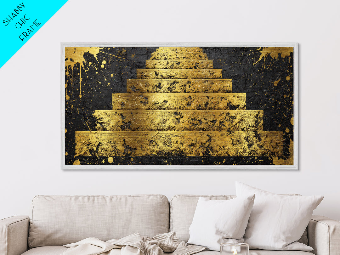 Ancient War Scene on Pyramid Steps Metallic Gold Metal Print, Historic Battle Relief Sculpture, Regal Classical Home Art
