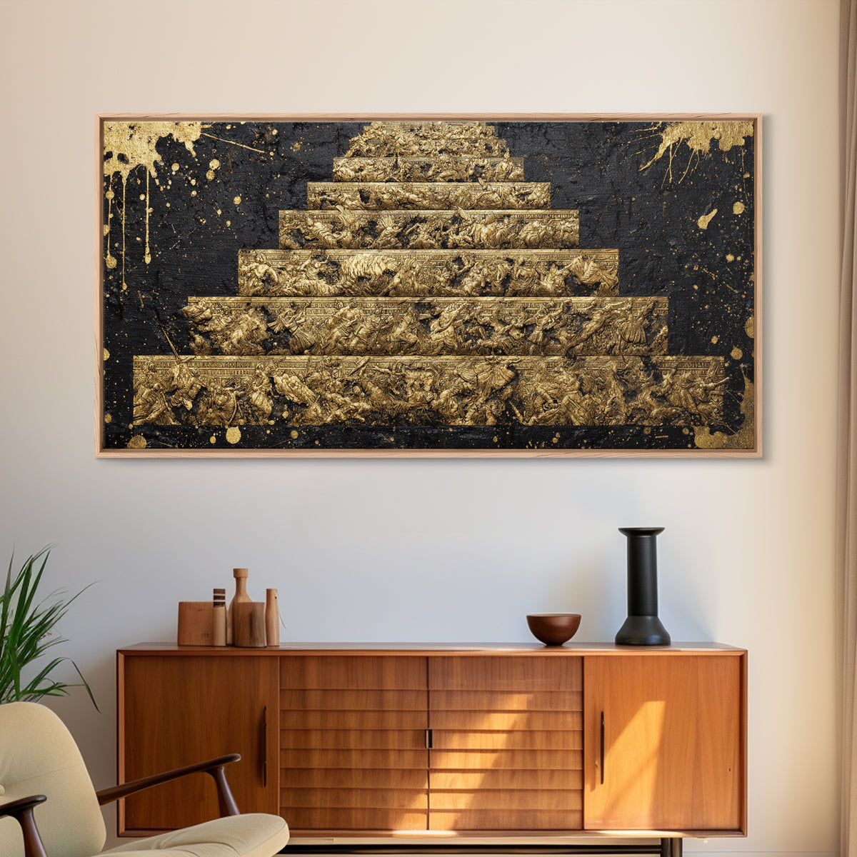 Ancient War Scene on Pyramid Steps Gold Canvas Print, Historic Battle Relief Sculpture, Regal Classical Home Art
