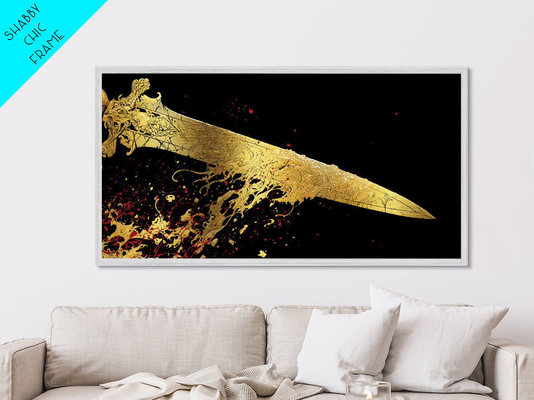 Golden Ornate Sword, Metallic Gold Metal Print, Real Wood Frame, Dramatic Fantasy Weapon Art, Mythology Wall Decor