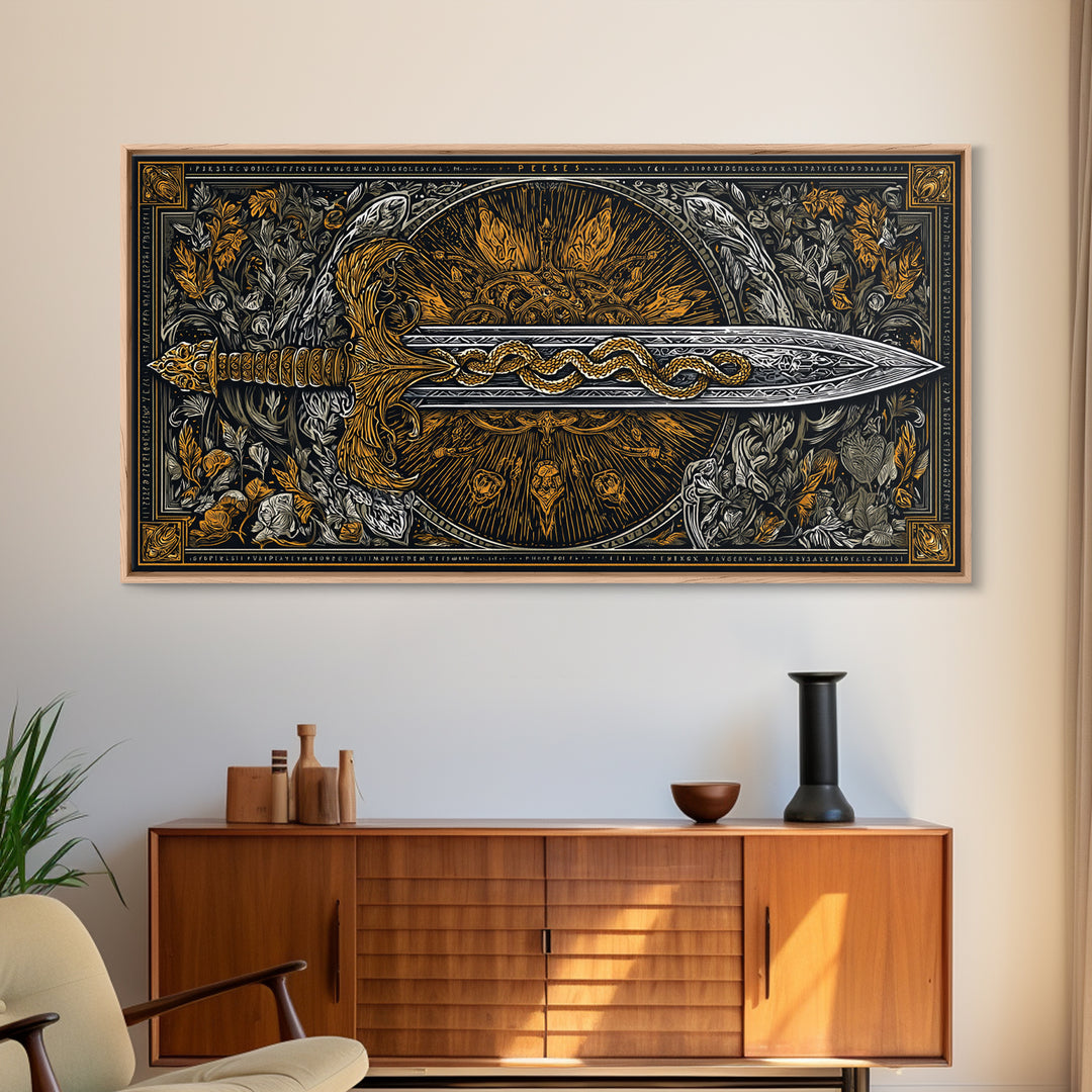 Intricate Sword with Serpent Design Gold Canvas Art, Fantasy Weapon Illustration, Ornate Blade Wall Decor for Collectors