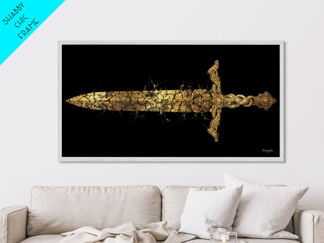 Cracked Ancient Sword Metallic Gold Metal Print, Legendary Fantasy Weapon, Weathered Epic Blade, Gothic Home Wall Art