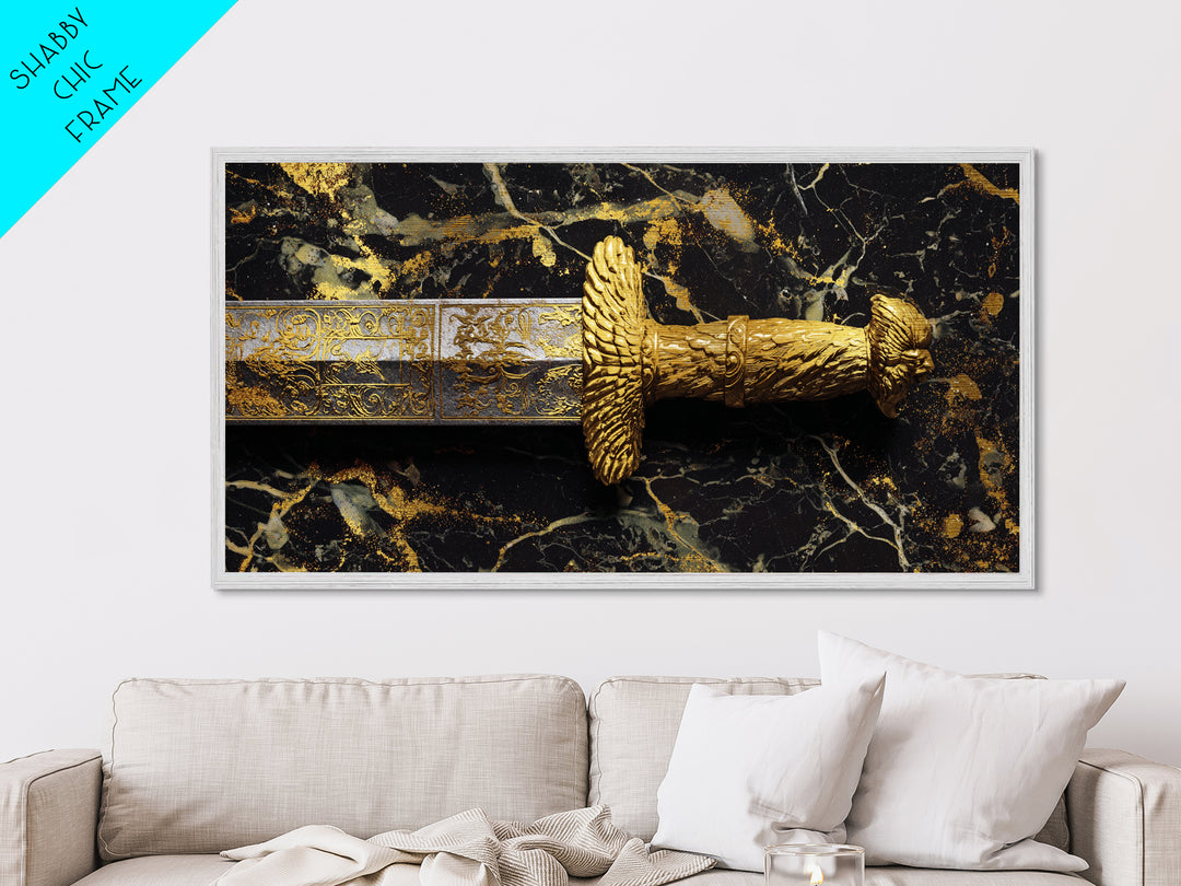 Golden Sword Hilt with Lion Design Metallic Gold Art, Ornate Weapon Photography, Luxurious Warrior Decor, Classical Battle Theme