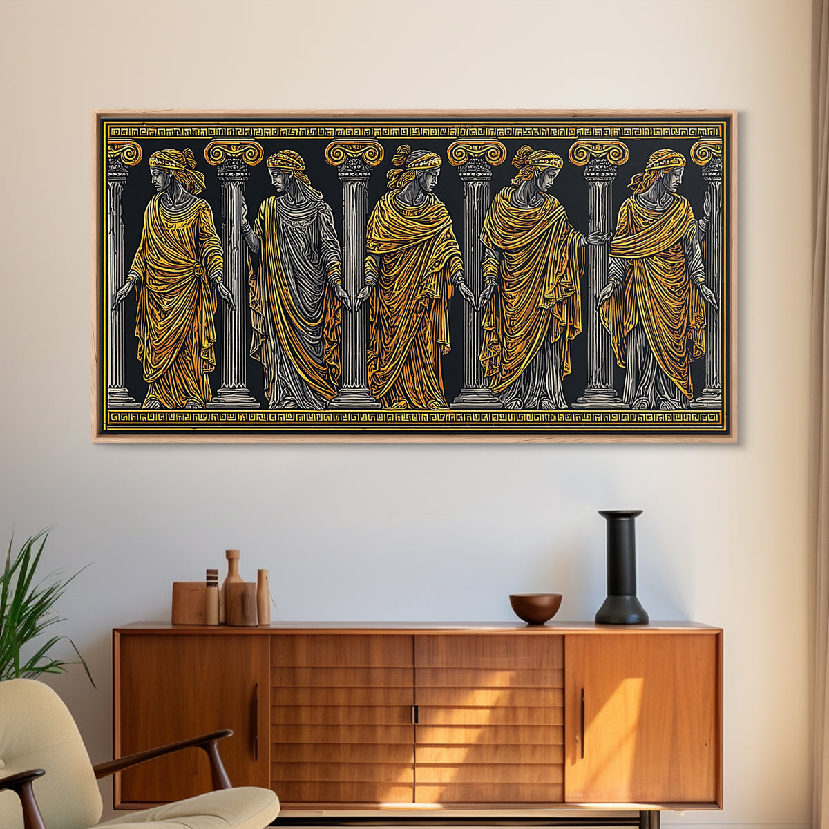 Ancient Greek Caryatid Columns, Detailed Architecture Wall Decor, Gold Canvas Print, Classical Sculpture Artwork