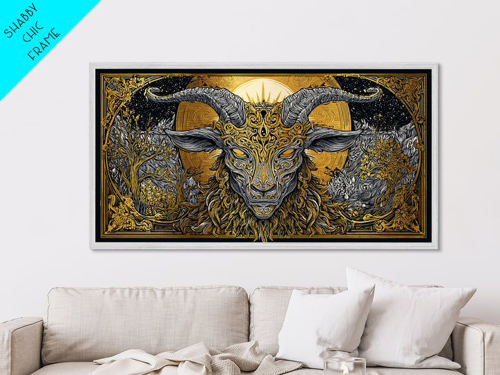 Mythical Goat Head Artwork, Intricate Horned Beast Design, Metallic Gold Art, Fantasy Wall Decor, Dark Gothic Illustration