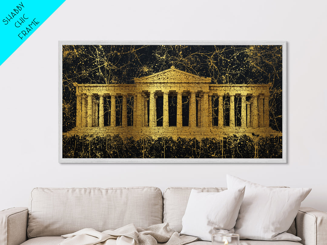 Greek Parthenon Temple Art, Splatter Paint Architecture Print, Metallic Gold Metal Print, Classical Greece Wall Decoration