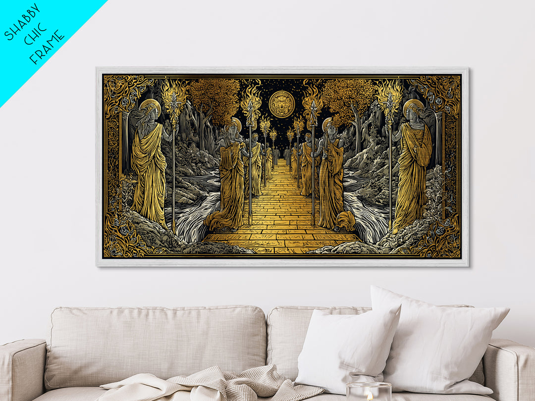 Greek Torchbearer Pathway Scene, Mythic Procession Illustration, Metallic Gold Art, Ancient Greece Wall Decor, Temple Artwork