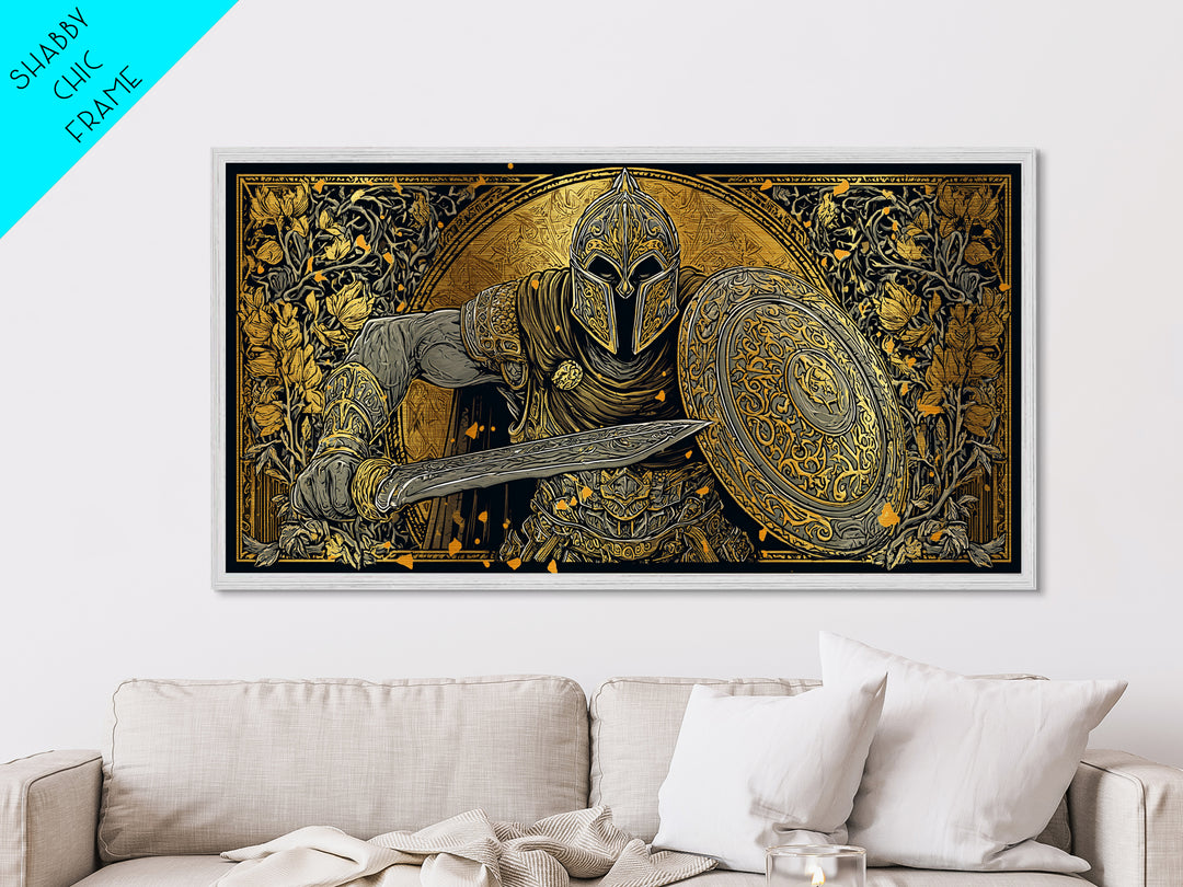 Ancient Greek Warrior With Sword And Shield, Intricate Armor Design, Metallic Gold Metal Print, Classical Battle Wall Art