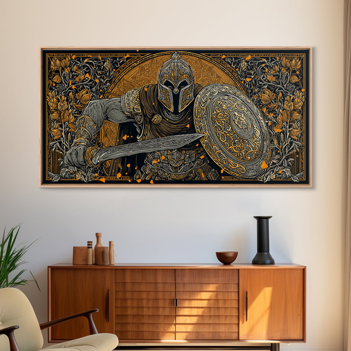 Ancient Greek Warrior With Sword And Shield, Intricate Armor Design, Gold Canvas Print, Classical Battle Wall Art