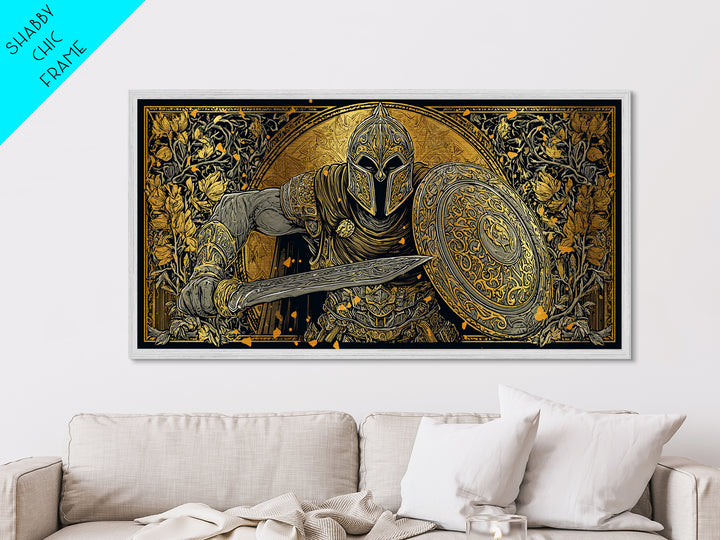 Ancient Greek Warrior With Sword And Shield, Intricate Armor Design, Metallic Gold Metal Print, Classical Battle Wall Art