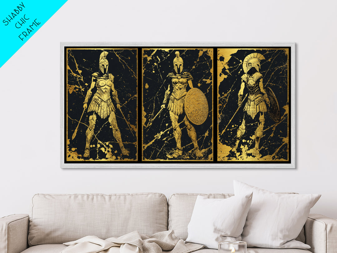 Greek Warrior Triptych Print, Spartan Female Soldiers Artwork, Metallic Gold Art, Ancient Greece Wall Decor, Mythic Battle Scene