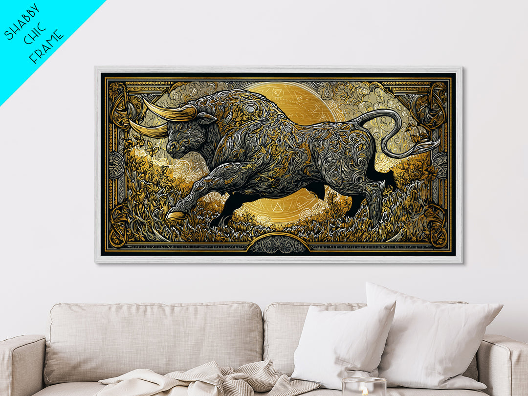 Golden Bull In Ornate Frame, Metallic Gold Art, Real Wood Frame, Symbolic Animal Wall Decor, Strength And Power