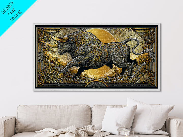 Golden Bull In Ornate Frame, Metallic Gold Art, Real Wood Frame, Symbolic Animal Wall Decor, Strength And Power